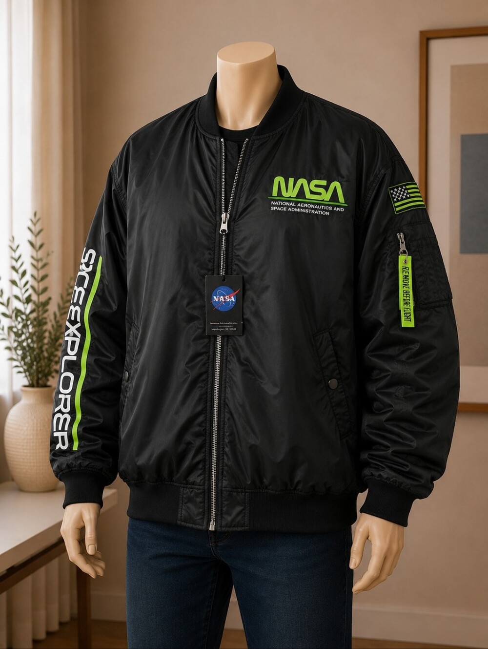 NASA Men’s Black Bomber Jacket with Neon Green Logo